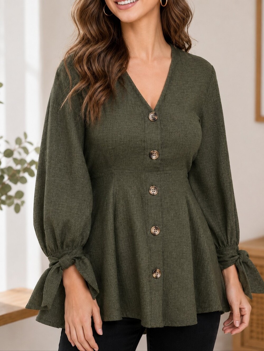 SHEIN Olive Green Tie Sleeve Peplum Blouse Tunic Top